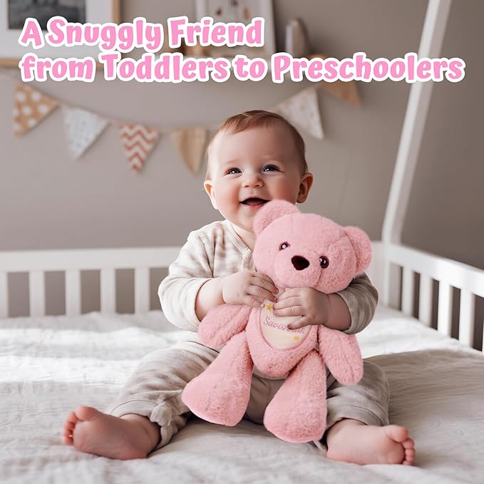 Custom Teddy Bear with Name Embroidery – 360° Rotating Plush Bear Stuffed Animals for Kids Toddler, Personalized Birthday Gifts for Girls Boys (Pink)