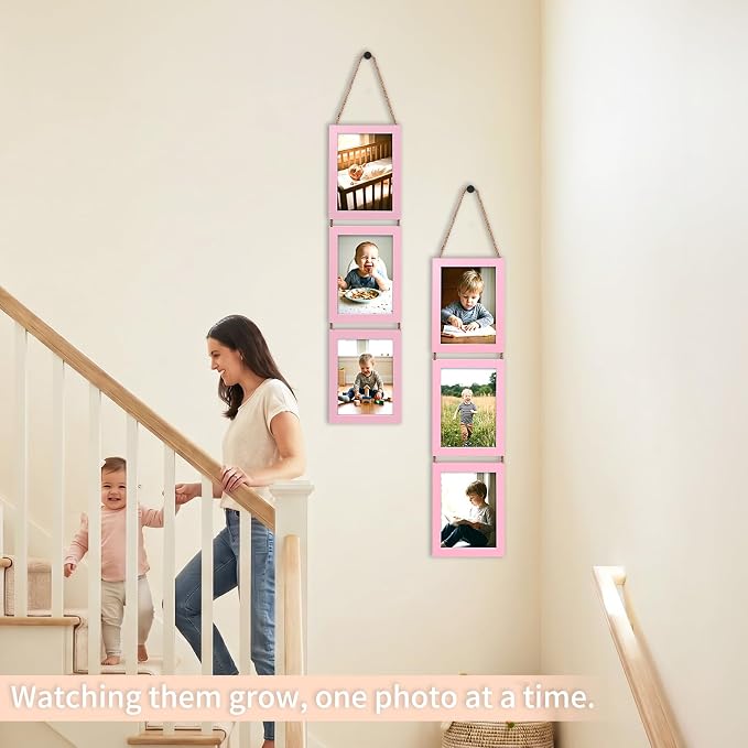 QUTREY 5x7 Picture Frames Collage Pink, 6 Openings Hanging Photo Frame Set Display Vertical 5 by 7 inch Pictures for Wall Decor, 2 Pack