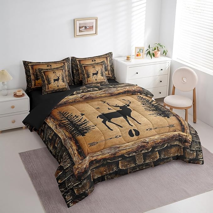 Feelyou Rustic Cabin Deer 7 Piece Bedding Set Full Size Kids Camo Hunting Deer Comforter Set with Sheets for Boys Girls Farmhouse Forest Animal Bed in a Bag Wildlife Room Decor