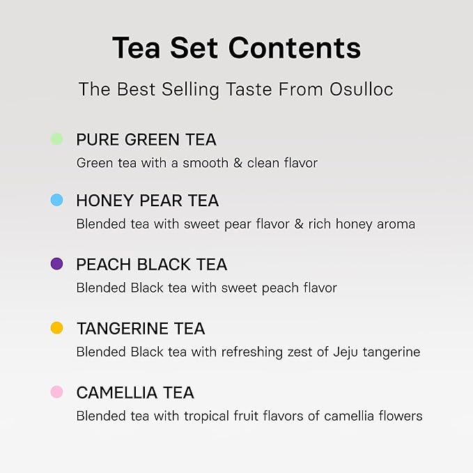 OSULLOC Premium Tea Collection (40 count, 10 flavors x 4 ea), Self Care Sampler Gift Box Variety Pack, Premium Organic Pure & Blended Tea from Jeju