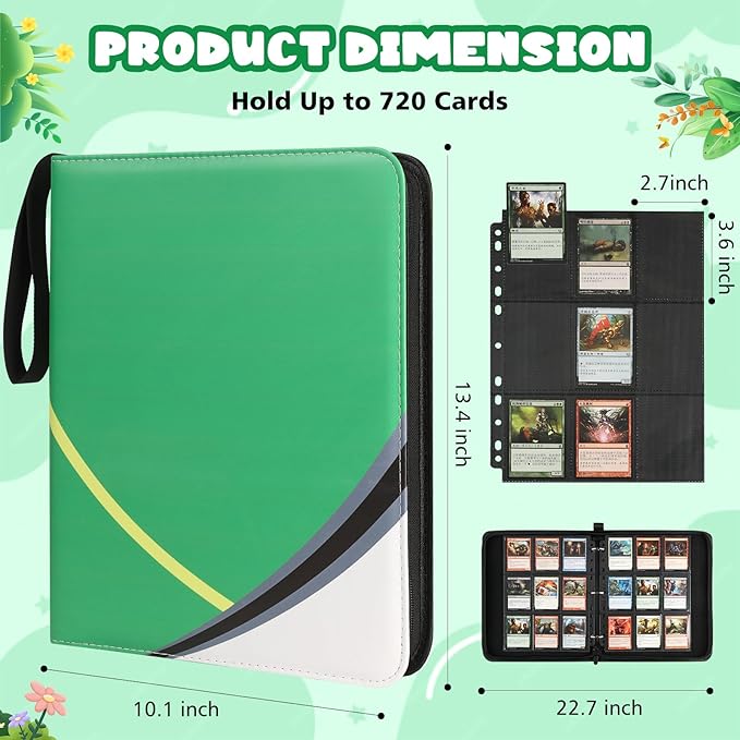 9 Pocket Card Binder for Pokemon Card, 720 Pockets Card Binder Holder with 40 Removable Sleeves, 3-Ring Zip Design Trading Card Albums for MTG/TCG/Sport Collectible Gifts for Boys and Girls (Green)