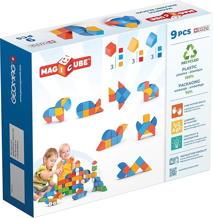 Geomag Magicube 9pcs Magnetic Blocks - Magnetic Building Blocks for Toddlers 1-3, Montessori Toys for 1+ Year Old, Autism Sensory Product, Magnets for Kids
