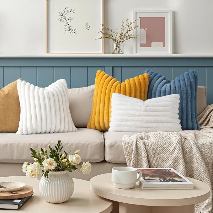 MIULEE Faux Fur Decorative Euro Sham Pillow Covers 24x24 Mustard Yellow | 2 Pack， Vintage Boho Fall Soft Plush Couch Pillows, Cozy Fluffy Cushion Covers for Sofa Bed Living Room Home Decor
