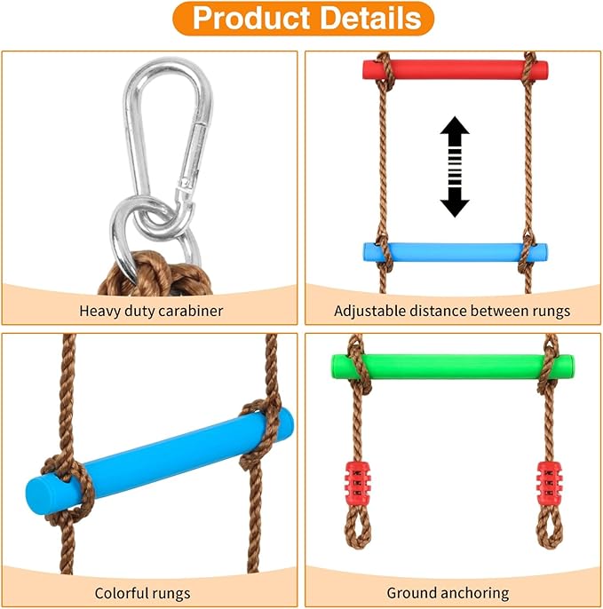 Climbing Rope Ladder for Kids, Wooden Ninja Tree Ladder Swing Set for Boys & Girls, Kids Ninja Warrior Obstacle Course Accessories for Tree House, Playground, Play Set