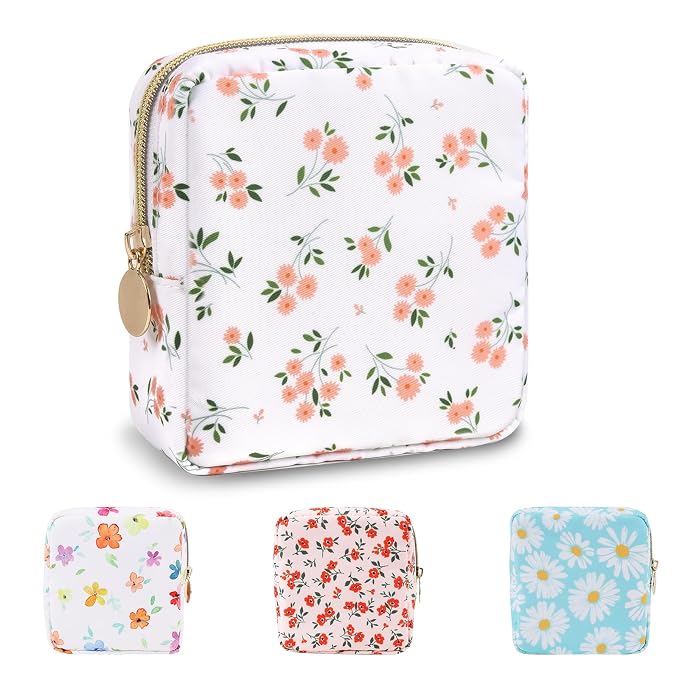 UIXIZQ Waterproof Mini Floral Makeup Bag Pouch for Purse,Nylon Flower Cosmetic Travel Bag Small Preppy Toiletry Organizers Bag for Women Girl,Cute Zipper Pouch Coin Purse for Work(Mini White-Flowers)