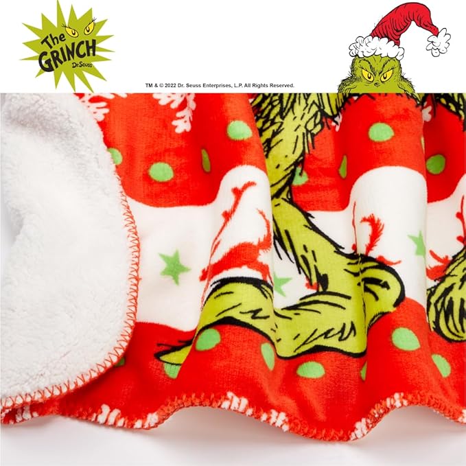 Dr. Seuss The Grinch Holiday Christmas Kids Bedding Soft Plush Cozy Sherpa Blanket Throw, 46 in x 60 in, (Officially Licensed Product) by Franco