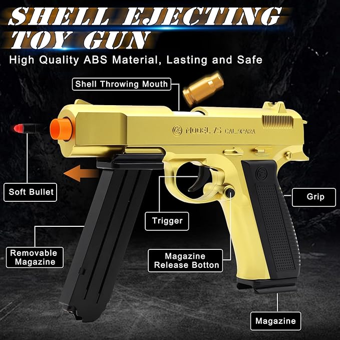 Gold Toy Pistol Guns Toys for 8 9 10 11 12 13+ Year Old Boys Kids, Sports & Outdoor Play Toys Gun with Soft Bullet & Shell Ejecting, Fidget Toy Guns for Boys 8-12, Kids Gifts for Birthday