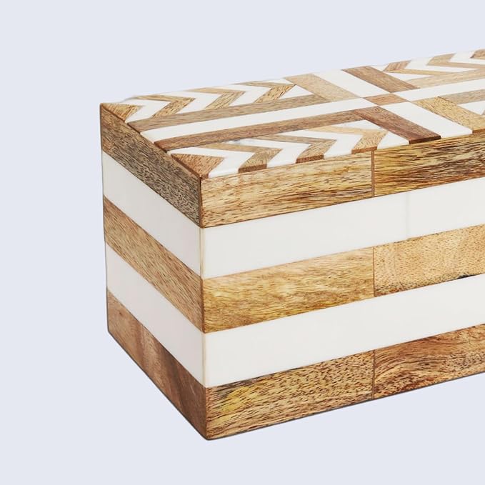 Handicrafts Home White Large Decorative Storage Box with Lid Wooden Memory Box Keepsake Storage Box Photo Storage Box for Home Organization – Resin Inlay Patisserie Adorn Collection- 10x5x5