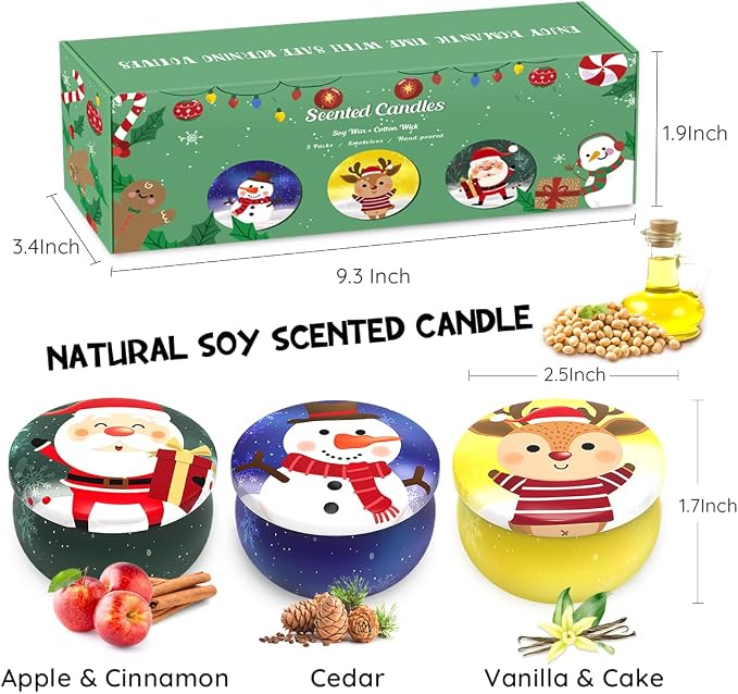 Set of 3 Christmas Santa Claus, Snowman and Elk Deer Themed Cedar, Apple&Cinnamon and Vanilla&Cake Scented Gift Candles Set to Women Small Natural Soy Wax Candles for Home in Decorative Metal Tin