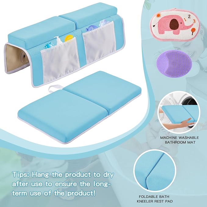Baby Bath Kneeler and Elbow Rest Pad Set, Thick Soft Quick Dry Bathtub Mat with Toys Organizer, Blue