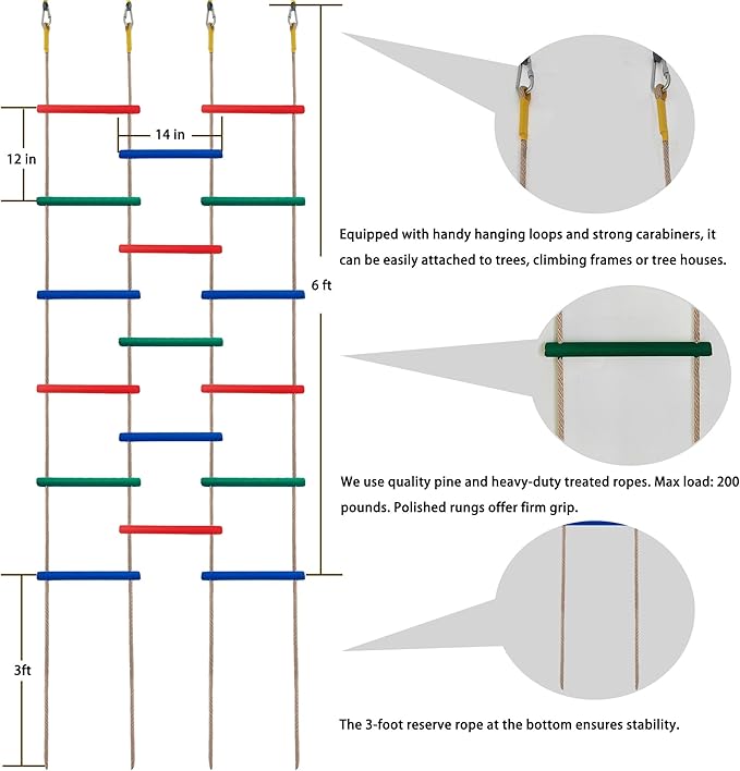 Innovative Rainbow Kids' Wooden Rope Ladder - 3/4/5-Group Connectivity, 14-Inch Wide, Ideal Ninja Warrior Accessory for Tree, Swing & Play (Set2: 3-Interlinked Colorful Ladders)