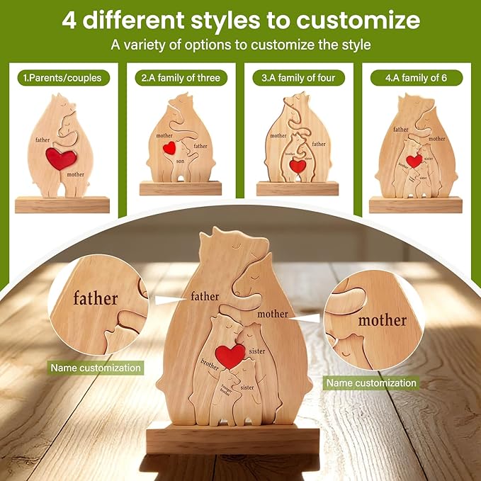 Personalized Wooden Bear Family Puzzle with 2-6 Names - Custom Animal Art Figurine with Red Heart Centerpiece - Cute for Mom Grandma (Rustic Home Decor)