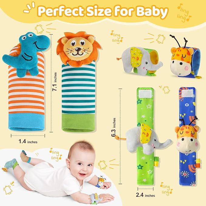 URMYWO Wrist Rattles for Baby - Rattle Socks - Foot Finder Set - Baby Toys for 0-12 Months Infant - Newborn Essentials - Early Learning Sensery Toys for Boys and Girls as Shower Gifts Valentines Gifts