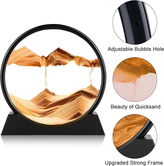 Moving Sand Art Picture - 3D Quicksand Painting Decor - Round Glass 3D Deep Sea Sandscape - Relaxing Home Decoration Desk Toys for Home Office Desk Mantle Bookshelf- (Yellow, 12 in)