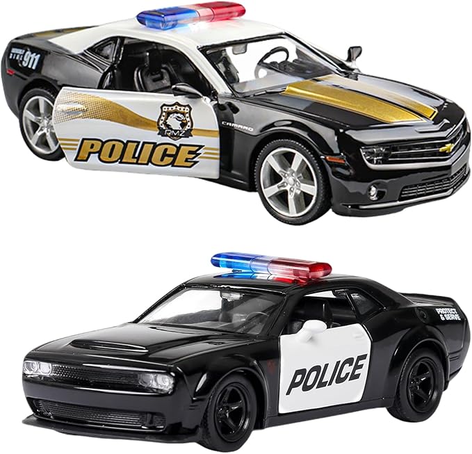 OTONOPI 2 Packs Police Car Toys, 1/36 Die Cast Metal Car Model American Cop Car for Collectible, Police Vehicles Toy Set Challenger and Camaro Pull Back 5 inch City Rescue for Kids Boy Girl Age 3-12