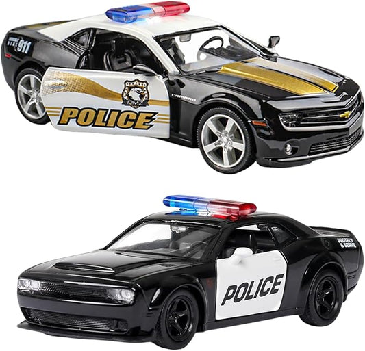 OTONOPI 2 Packs Police Car Toys, 1/36 Die Cast Metal Car Model American Cop Car for Collectible, Police Vehicles Toy Set Challenger and Camaro Pull Back 5 inch City Rescue for Kids Boy Girl Age 3-12