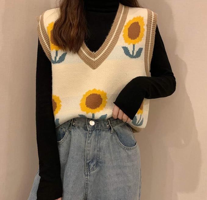 Women's Sweater Vest,Y2K Sleeveless Pattern Preppy Style Knitted Crop Tank Top for Girl