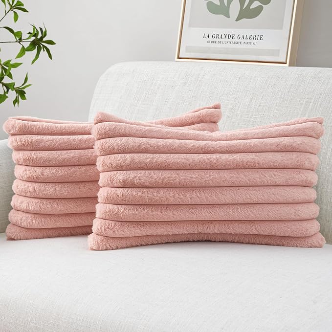 MIULEE Faux Fur Lumbar Throw Pillow Covers 12x20 Set of 2 Blush Pink | Modern Cute Soft Plush Couch Pillows, Cozy Fluffy Cushion Covers for Sofa Bed Living Room Home Decor