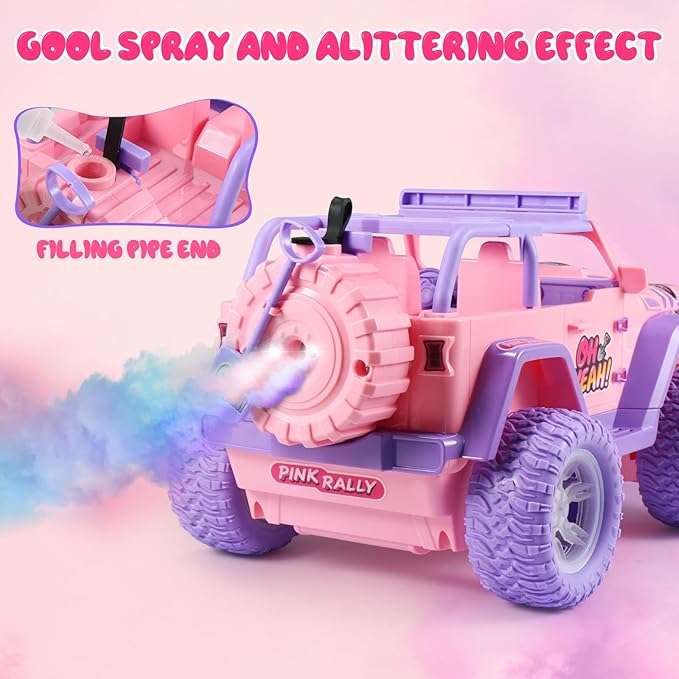 EOQIFJM Remote Control Car for Fog Mist & Music,1:16 RC Cars for Kids with DIY Sticker & Colorful Lights,2.4GHz All Terrain SUV Cars Toys Gifts,Pink,Dual Control