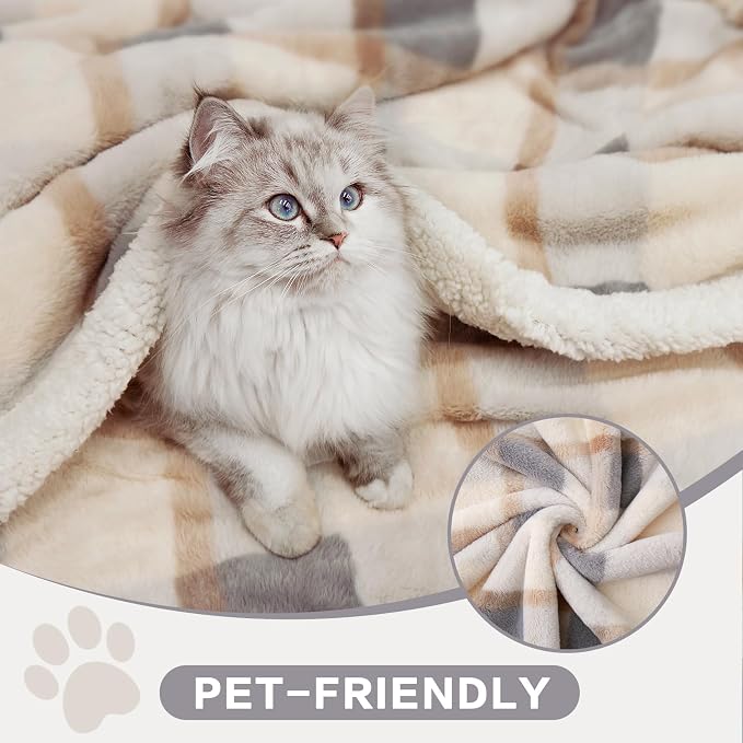 PU MEI Super Soft Faux Rabbit Fur Sherpa Fleece Throw Blanket, Reversible Luxury Cozy Cute Furry Blanket, Plush Warm Shaggy Fluffy Checkered Blankets for Sofa Couch Bed (Grey-Plaid, 60" x 80")