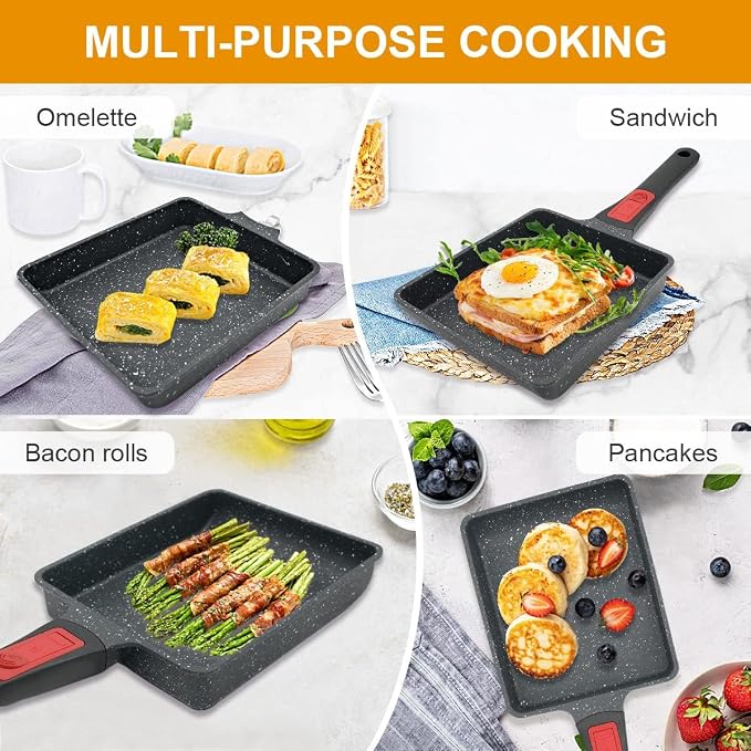 AIKENBBKK Tamagoyaki Pan, Japanese Omelette Pan Nonstick, Japanese Egg Pan, Square Egg Pan, Induction-Ready, Detachable Handle, with Silicone Spatula, PFAS & PFOA-Free, Oven Safe, Black, 7.5” x 6.3”