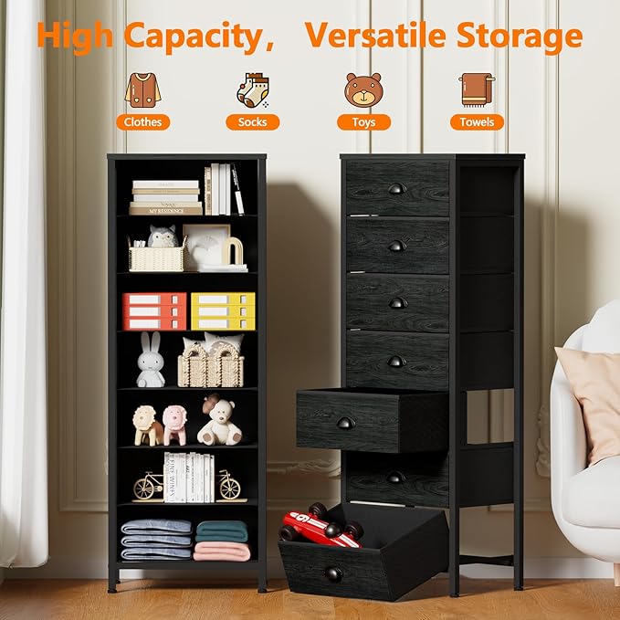 Black Bedroom Dresser, Tall Chests of Drawers with 7 Fabric Bins | Sturdy Steel Frame, Wooden Top, Organizer in Closet, Tall Nightstand for Dorm, Living Room, Hallyway-Storage Tower Unit