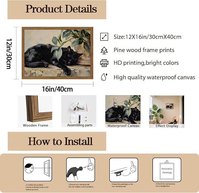 Framed Black Cat Canvas Wall Art, Vintage Sleeping Cat with Plant Picture Wall Decor Paintings, Cute Animal Poster Prints Rustic Aesthetic Home Decor for Living room Bedroom Bathroom 12x16 inch