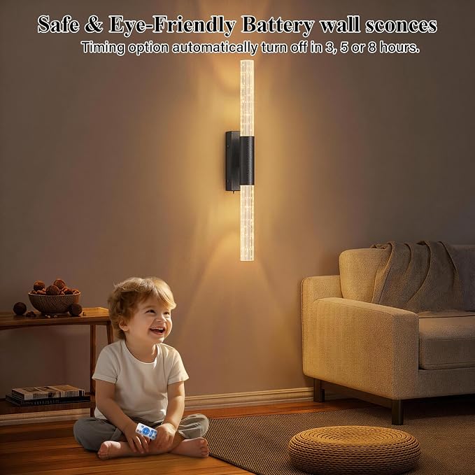 camuucci Battery Operated Wall Sconces Set of 2, Rechargeable Wall Lights | 12000mAh Long-Lasting Battery,Dimmable Cordless Sconce,No Wiring Needed for Bedroom,Living Room,Black 25.6 Inches