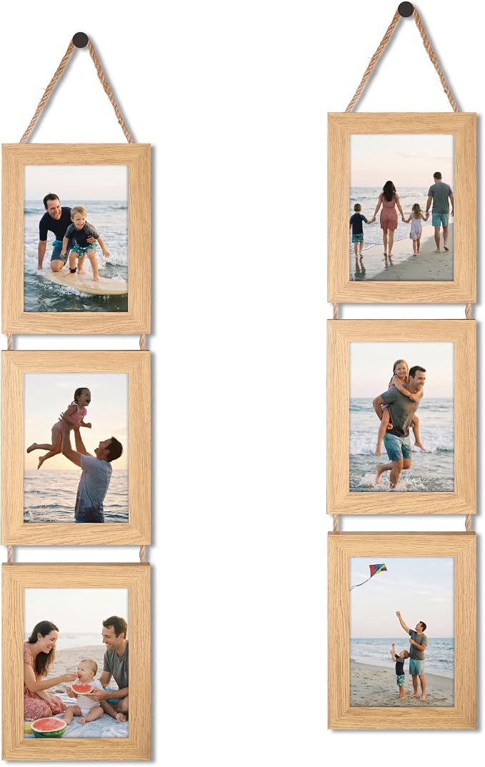 QUTREY 5x7 Collage Picture Frames, 6 Openings Hanging Photo Frame Set Display Vertical 5 by 7 inch Pictures for Wall Decor, Natural Wood, 2 Pack