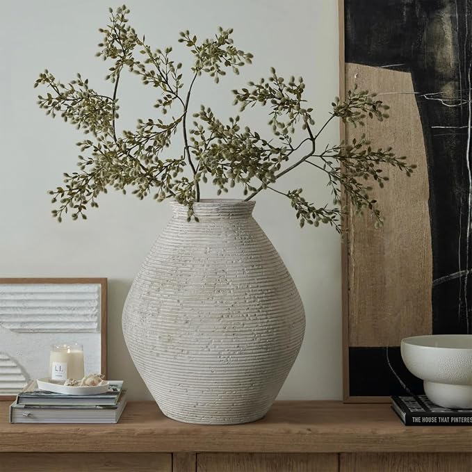 Rustic Ceramic Flower Vase Distressed Farmhouse Pottery Clay Large Terracotta Floor Vases for Decorative Table Centerpiece Modern Home Decor Aesthetic Living Room Bedroom Wedding Housewarming Gift