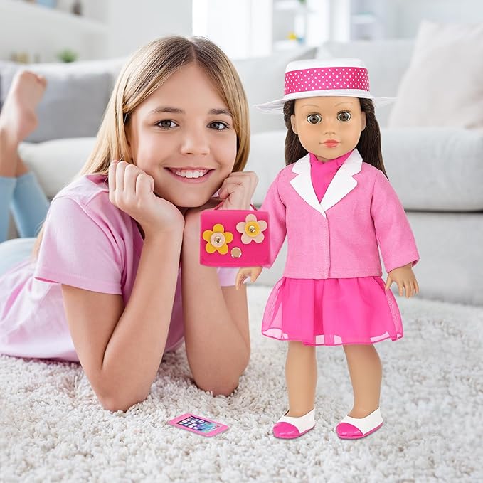 18 Inch Doll Clothes 8-Piece Stylish Pink Outfit Accessories Sets for American 18 Inch Dolls Outfits Trendy Clothes Red Flower Handbag Stuff Accessories for Dress-Up Play (Doll NOT Included)