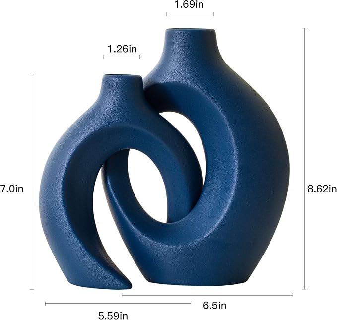 Lvases Snuggle Hollow Ceramic Flower Vase of 2, Minimalist Nordic Boho Vase | 8.4" Matte Navy Blue Home Decor Vase for Modern Aesthetic Ins Style Living Room Coffee Table Centerpieces Pampas Grass Dec