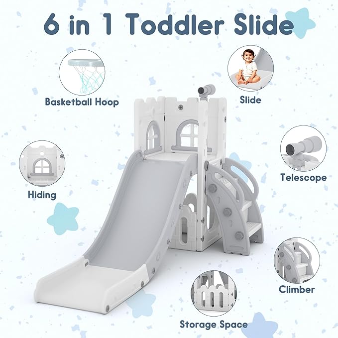 6 in 1 Toddler Slide Playset, Kids Indoor Outdoor Playground with Basketball Hoop,Storage and Telescope,Toddler Climber Slide Activity Center