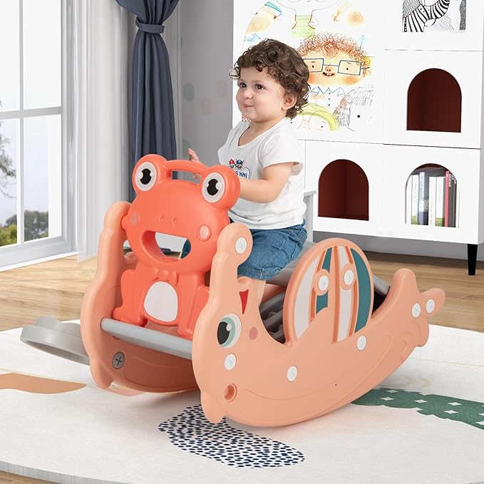 HONEY JOY Toddler Slide Rocking Toy, 4 in 1 Convertible Freestanding Slide for Kids w/Basketball Hoop, Rocking Horse, Foldable Baby Climber Playground Slide for Indoors Outdoors Boys Girls, Pink