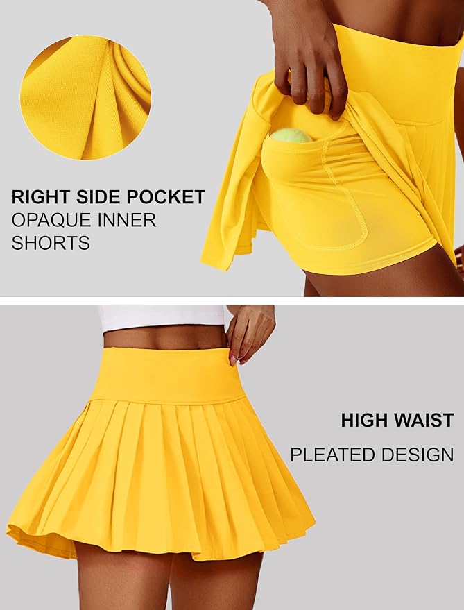 PINSPARK Pleated Tennis Skirts Mini Athletic Golf Skorts with Pocket | 14", High Waist, Lightweight, Quick Dry, Stretchy, Inner Shorts, Sun Protection, Pickleball, Casual, for Women