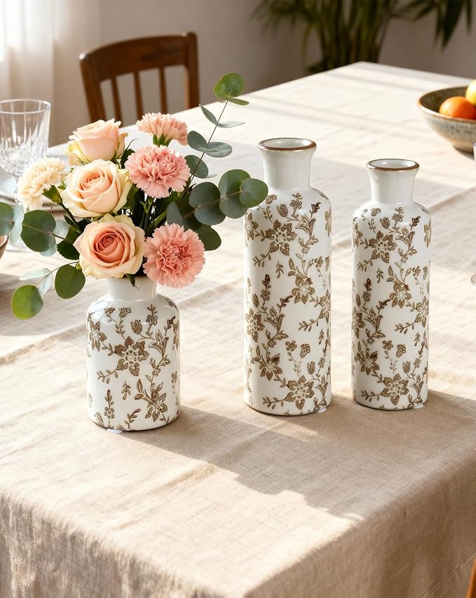 Brown Ceramic Vase Set of 3, Vintage Brown Floral Vases for Home Decor | Crackle glaze and distressed rims for living room mantels and dining table centerpieces