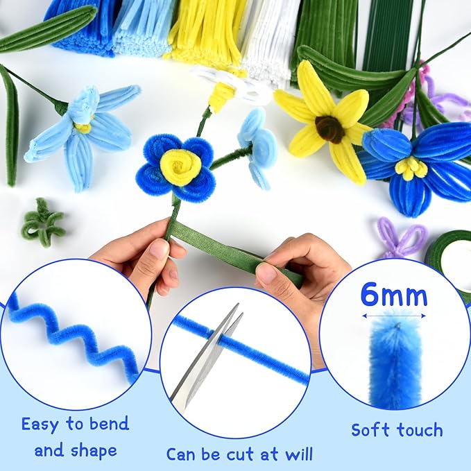 ASTARON 521 Pcs Pipe Cleaners Craft Set, 5 Colors Pipe Cleaners Bulk Pastel Chenille Stems for Craft Pipe Cleaner Flowers Making Kit with Floral Wires, Gardening Tape (Blue Yellow Series)