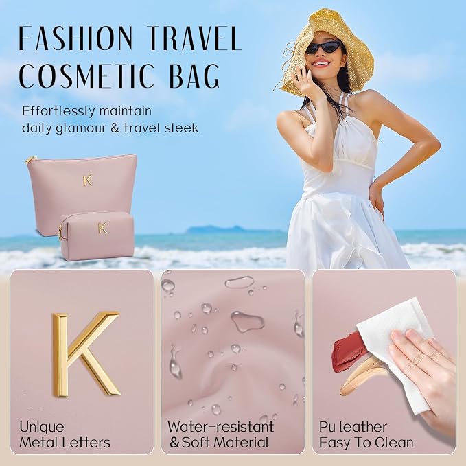 Women Gifts | Initial Makeup Bag for Girl Personalized Gifts for Bridesmaid Friend PU Leather Cosmetic Travel Toiletry Bag(Pink,K)