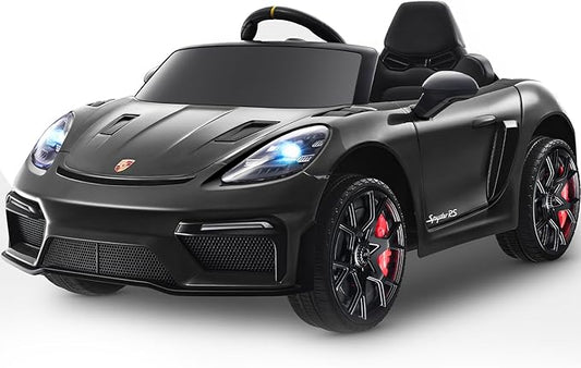 12V Ride on Car Licensed Porsche 718, Kids Electric Car with Remote Control, Front/Rear LED Light, Radio, USB/AUX, Openable Doors, Suspension Function, Durable Tires (Black)