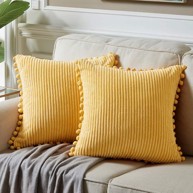 Fancy Homi Pack of 2 Yellow Decorative Throw Pillow Covers 20x20 with Pom-poms, Soft Corduroy Accent Solid Square Cushion Cases Set for Couch Sofa Bedroom Car Living Room (20x20 Inch/50x50 cm, Yellow)