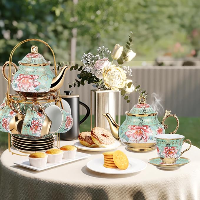 20Pcs European Ceramic Tea Set with Metal Stand, Porcelain Vintage Floral Tea Cup and Saucer Set for 6 People, Complete Gift Set with Teapot, Spoons for Wedding, Bridal Shower, Afternoon Tea Party