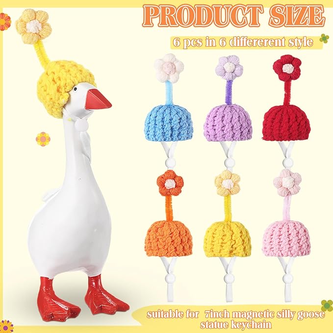 Geyoga 6 Pcs Mini Knitted Hats 7 Inch Goose Outfits Hat with Adjustable Strap Mini Porch Goose Headwear for Statue Key Holder