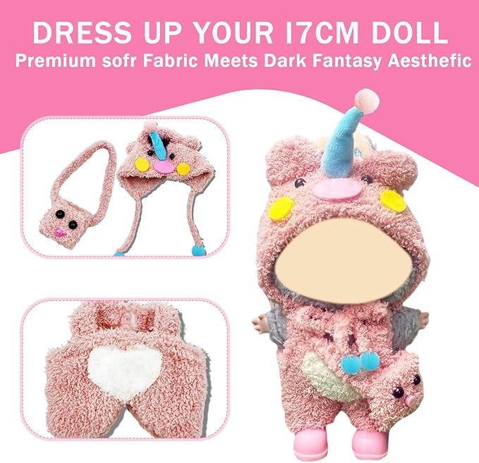 17cm Clothes Set(NO Doll),Hat & Overalls Set for 17cm Accessories Suit,Stylish Adorable Dolls Clothes Accessories,Cute Clothes for Dress up Unique Style (Pink CutePig)