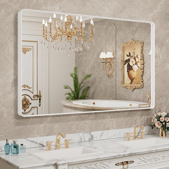 LOAAO White Metal Framed Bathroom Mirror, 50x30 Inch | Rounded Rectangle, Anti-Rust, Tempered Glass, Hangs Horizontally or Vertically