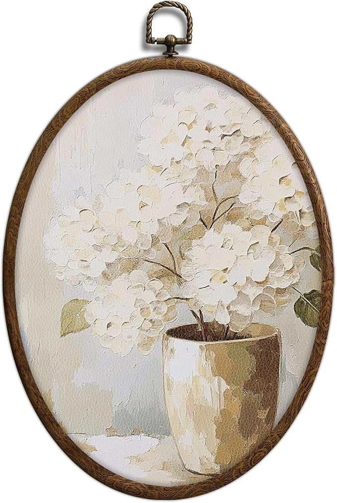 Vintage White Hydrangea Oval Wall Art, Spring Floral Flowers Oval Framed Wall Art, Waterproof Cottage Core Home Decor for Western Farmhouse Bedroom Living Room, Home Retro Decor Products, 10