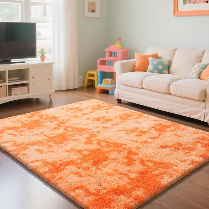 Mottling Orange Fluffy Rug Shag Area Rug, 3x5 Area Rugs for Girls Bedroom, Soft Play Mat, Indoor Floor Carpet for Teen, Preppy Dorm, Plush Aesthetic Bedside Rug