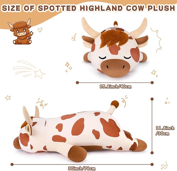 30'' Giant Spotted Highland Cow Plush Stuffed Animal-Cute Spotted Highland Cow Plush Body Pillow Plushies, Large Sleeping Cow Stuffed Animal Big Plushie Toy, Birthday Gifts for Kids Girls Boys