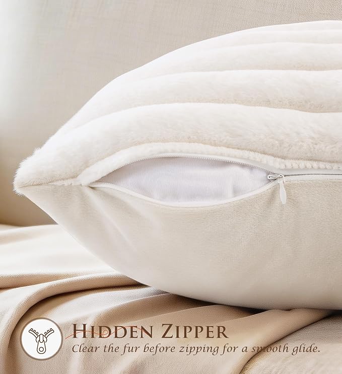 Pack of 2 Throw Pillow Covers 20x20 Decorative Solid Plush Faux Fur with Soft Velvet Back, Square Striped Cushion Cases Modern Farmhouse Home Decor for Living Room Couch Sofa Bed Cream White