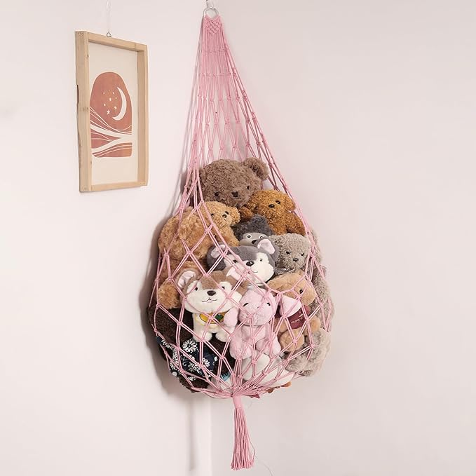 Stuffed Animal Hammock Corner Hanging Net for Stuff Animal Storage Macrame Plush Toy Holder-Perfect for Tiny Space Walls-Kid Bedroom Decor Nursery Playroom Organizer (Light Pink XL)