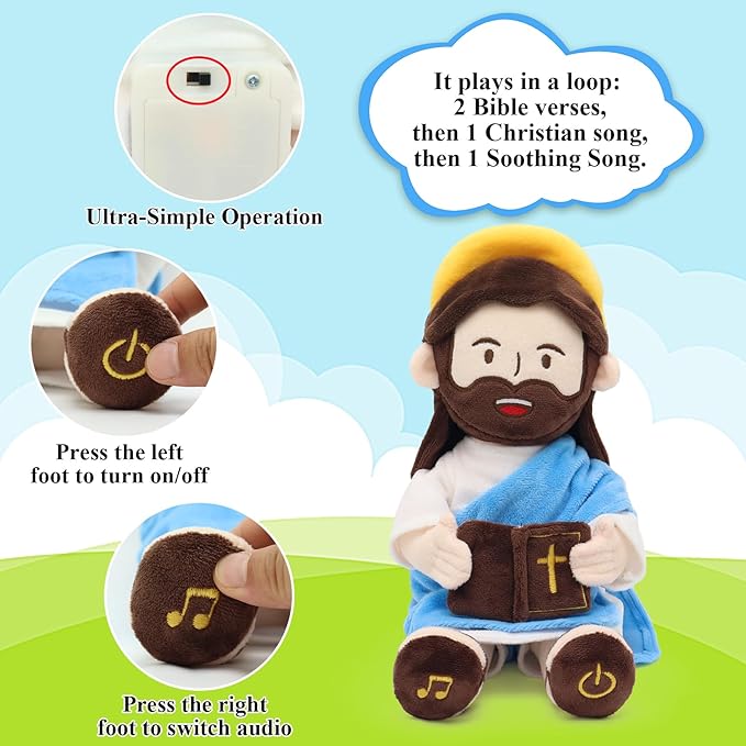 Jesus Plush Talking Doll with Halo,Speak 20 Bible Verses & 20 Songs,13.4" Interactive Hymn Stuffed Plushie Perfect Religious Gift for Kids Sunday School & Easter Celebrations